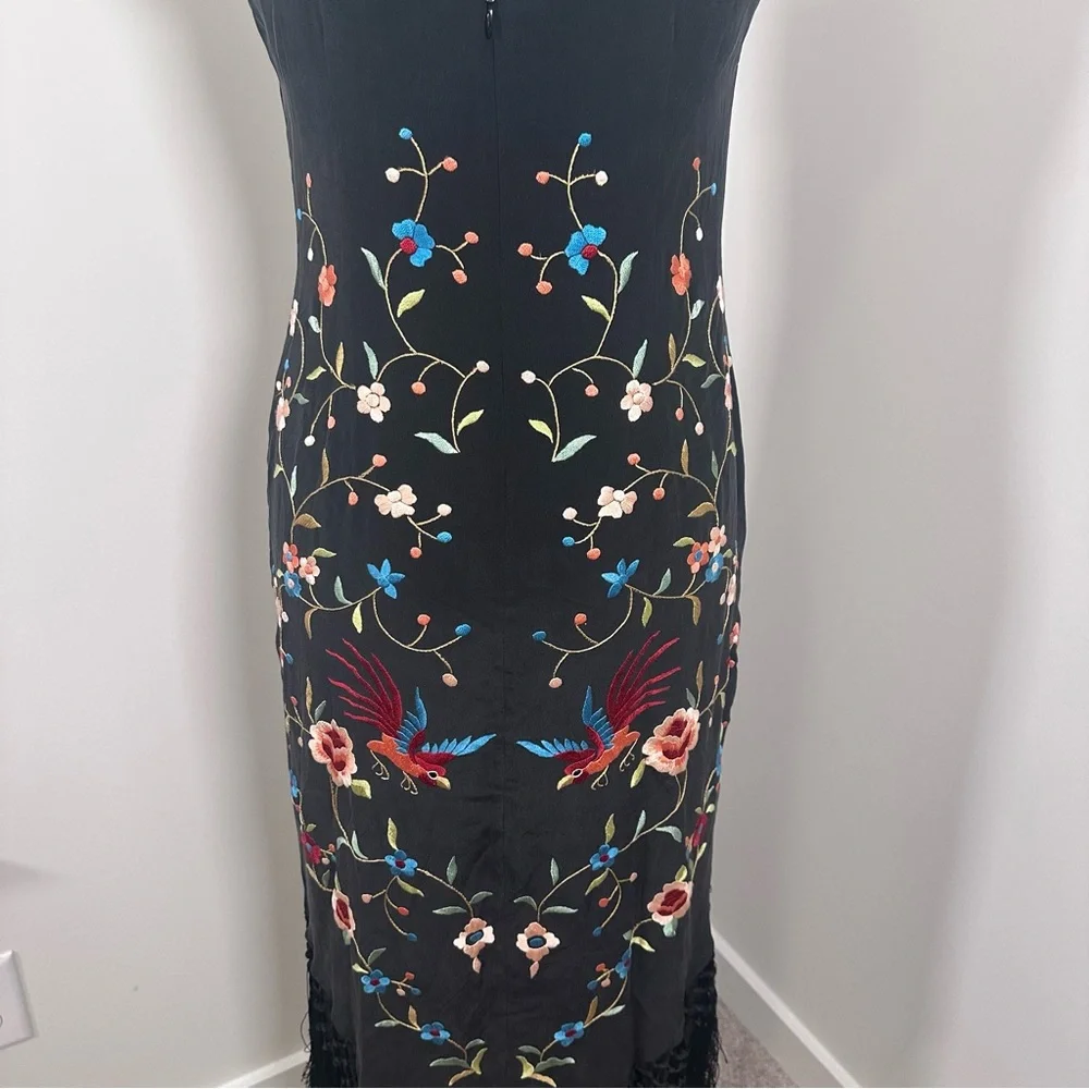 Sue Wong Vintage Black Silk Maxi Dress with Floral Embroidery & Fringe - Picture 10 of 16
